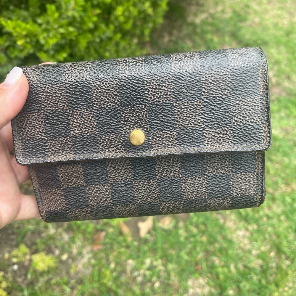 Auth Louis Vuitton Sarah wallet Damier Ebene coated canvas Checkered Snap Wallet